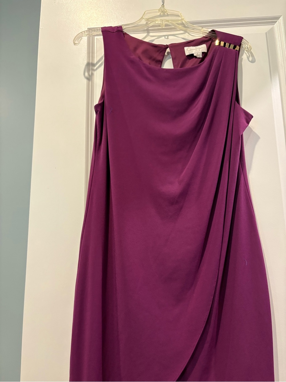 Jessica Simpson Plum Draped Midi Dress with Gold Accents
